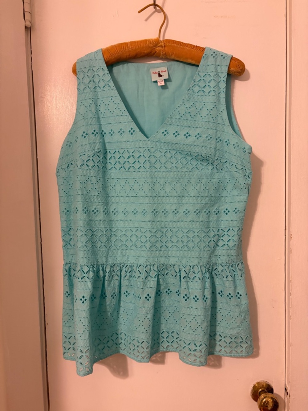 Sleeveless Eyelet Peplum Tank Top in Light Blue